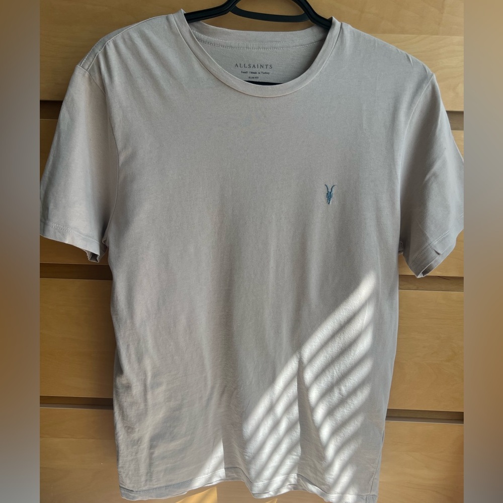 All Saints Cream / Beige Slim Fit Tee & Embroidered logo